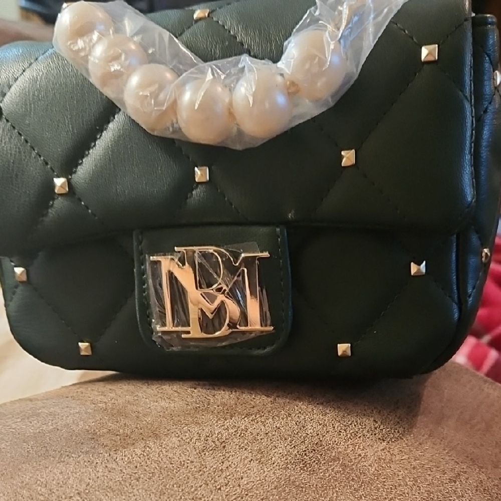 Badgley Mischka Dark Green Quilted Bag with Gold Accents